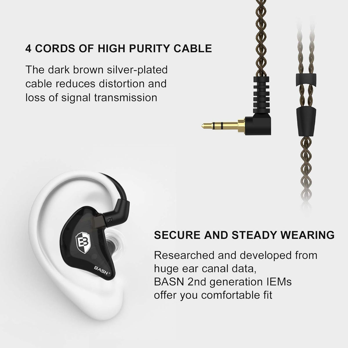 BASN in Ear Monitor Headphones for Musicians, Bsinger 2nd Generation Sound Isolating Earphones with Dual Dynamic Drivers Detachable MMCX Cable (Black)…