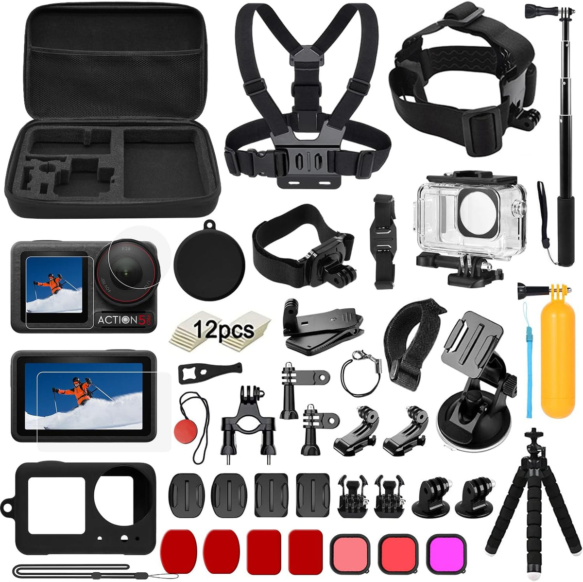Accessories Kit for DJI Osmo Action 5 Pro/4/3 Black, SGIP Waterproof Protective Cover Housing Bike Mount Selfie Stick, Accessory Set