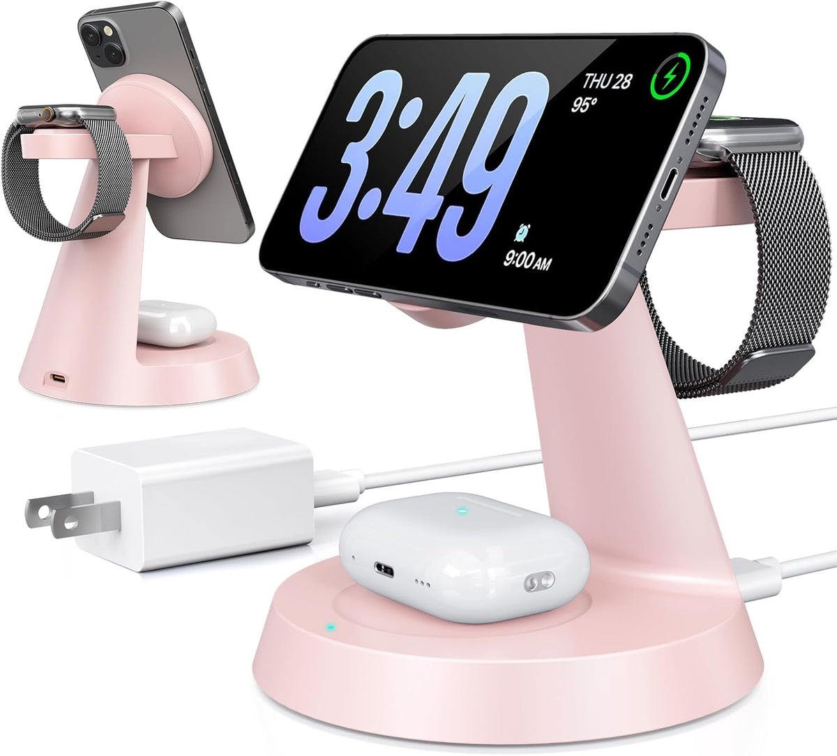 3 in 1 Wireless Charging Station for Apple Mag-Safe 15W Fast Charger Stand for Multiple Apple Devices Magnetic Charger for iPhone 16/15/14/13/12 Series, AirPods, iWatch Series(Pink)