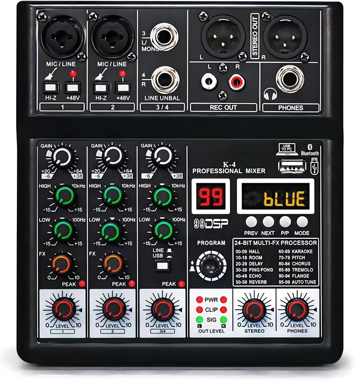 Dj Mixers, 4 Channel Audio Mixer, Sound Board with Bluetooth Player, Usb Audio Interface with 48V Phantom Power, Sounds Mixer Board with 99 DSP FX Reverb Delay Effect