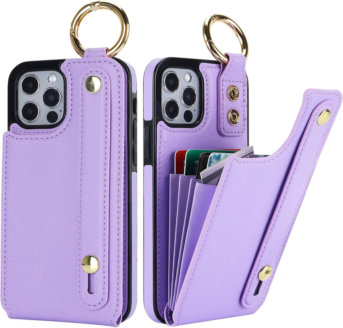 Folosu for iPhone 12/12 Pro Wallet Case with Card Holder, Hand Wrist Strap Loop Holder Kickstand, RFID Blocking Finger Grip Ring PU Leather Double Buttons Shockproof Cover 6.1" Purple