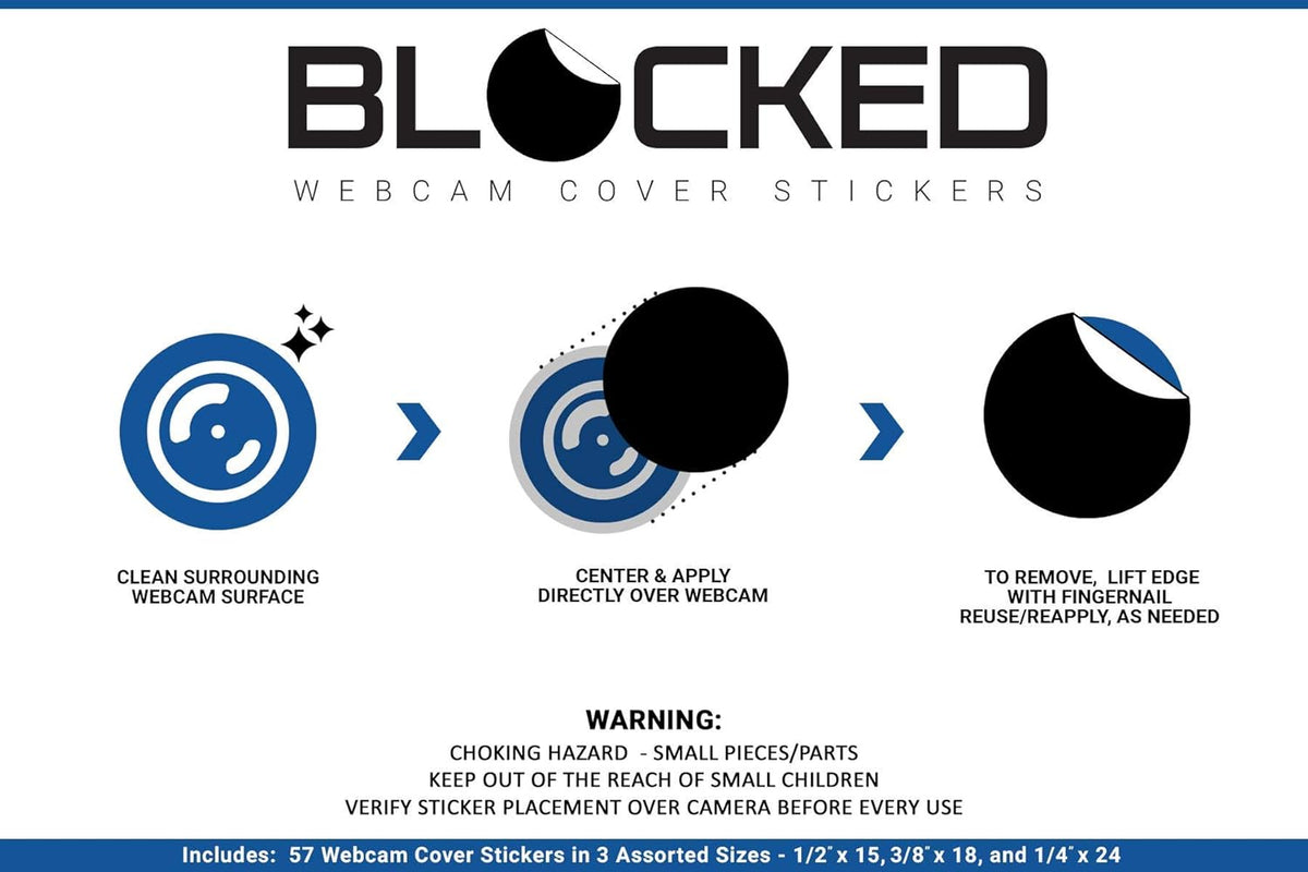 BLOCKED Stackable Webcam/Camera Vinyl Covers | 57 TabbedLow-Tack Restickable Webcam Sticker | Multiple Sizes | White 57-Pack Tabbed (Ultra Glossy)
