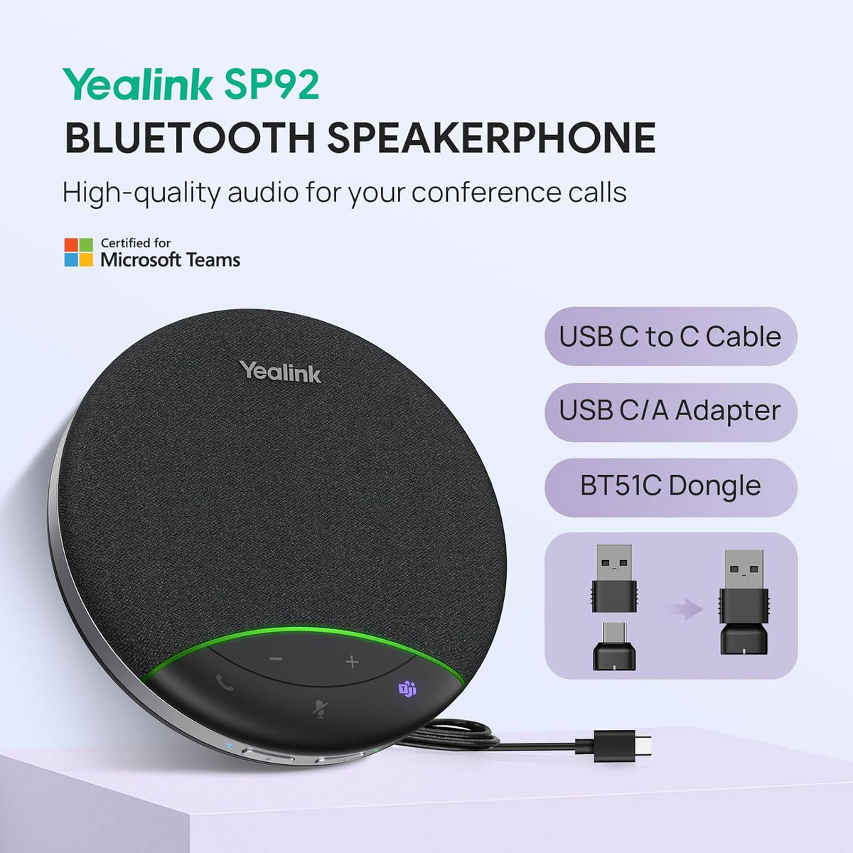Yealink SP92 Bluetooth Speakerphone with Dongle Conference Speaker and Microphone Full-Duplex Noise Reduction 20h Teams Call 278g Wireless Portable Design Suit for 4-6 Meeting Room