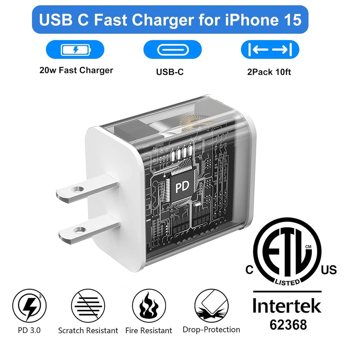 iPhone 15 Charger Fast Charging, 20W USB C Charger Block Plug Brick 10FT USB C to USBC Cable Cord Compatible with iPhone 15/15 Pro/15 Pro Max/15 Plus, iPad Pro 12.9/13/11inch,iPad Mini 6,iPad Air 4/5