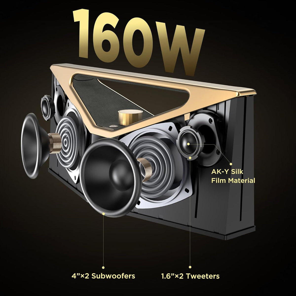 BUGANI Bluetooth Speaker Loud 160W,Waterproof Large Bluetooth Speaker Subwoofer Hi-Res Audio, 12H Playtime Party Outdoor Speakers for Camping, Beach, Golden