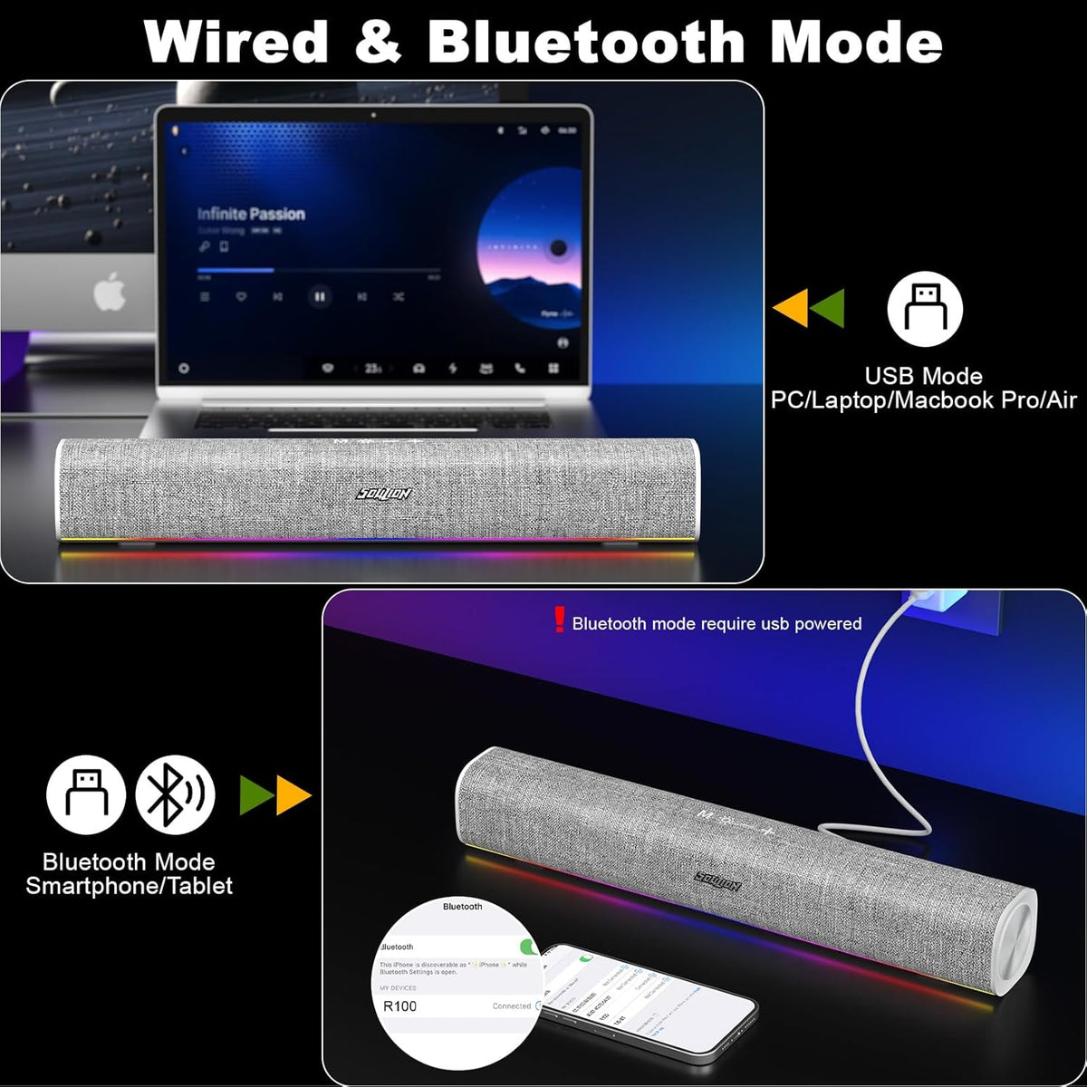 SOULION R100 Bluetooth Computer Speakers with Dynamic LED Light, USB Plug & Play PC Speakers with Switch Button, Clearly Sound Soundbar for Desktop Laptop Monitor White (USB-C to USB Adapter Included)
