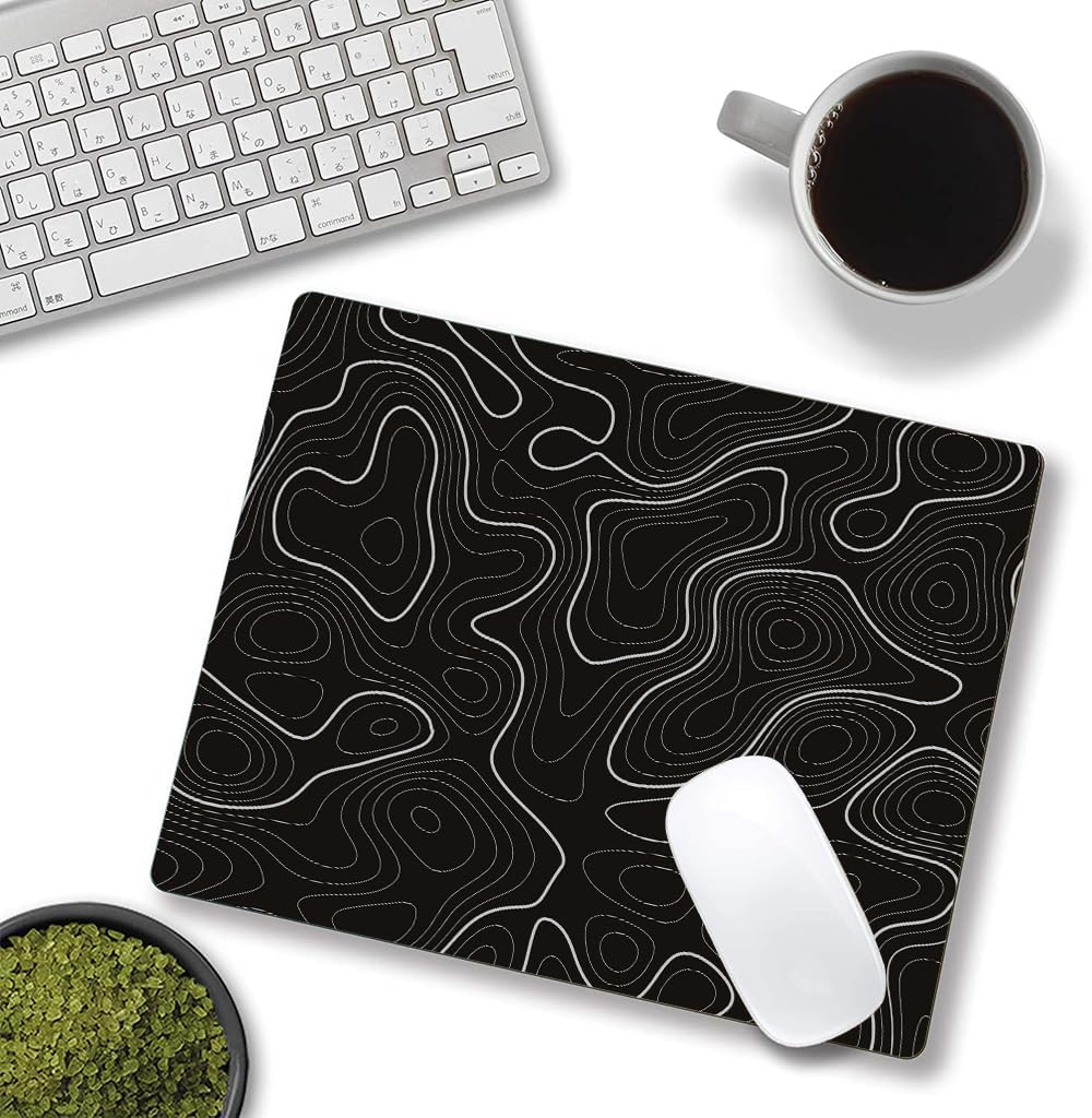 Topographic Contour Map Mouse Pad, Black Minimalist Mouse Mat Waterproof Non-Slip Rubber Base MousePads for Office Laptop Computer Desk