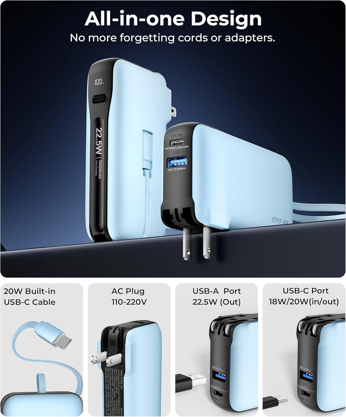 1 Pack Portable Charger with Built-in USB-C Cable & Plug, 10,000mAh 5V/4.5A Power Bank Fast Charging 22.5W, Travel Essential Battery Pack 3 Output for iPhone 16/15 Series, Samsung Galaxy, iPad