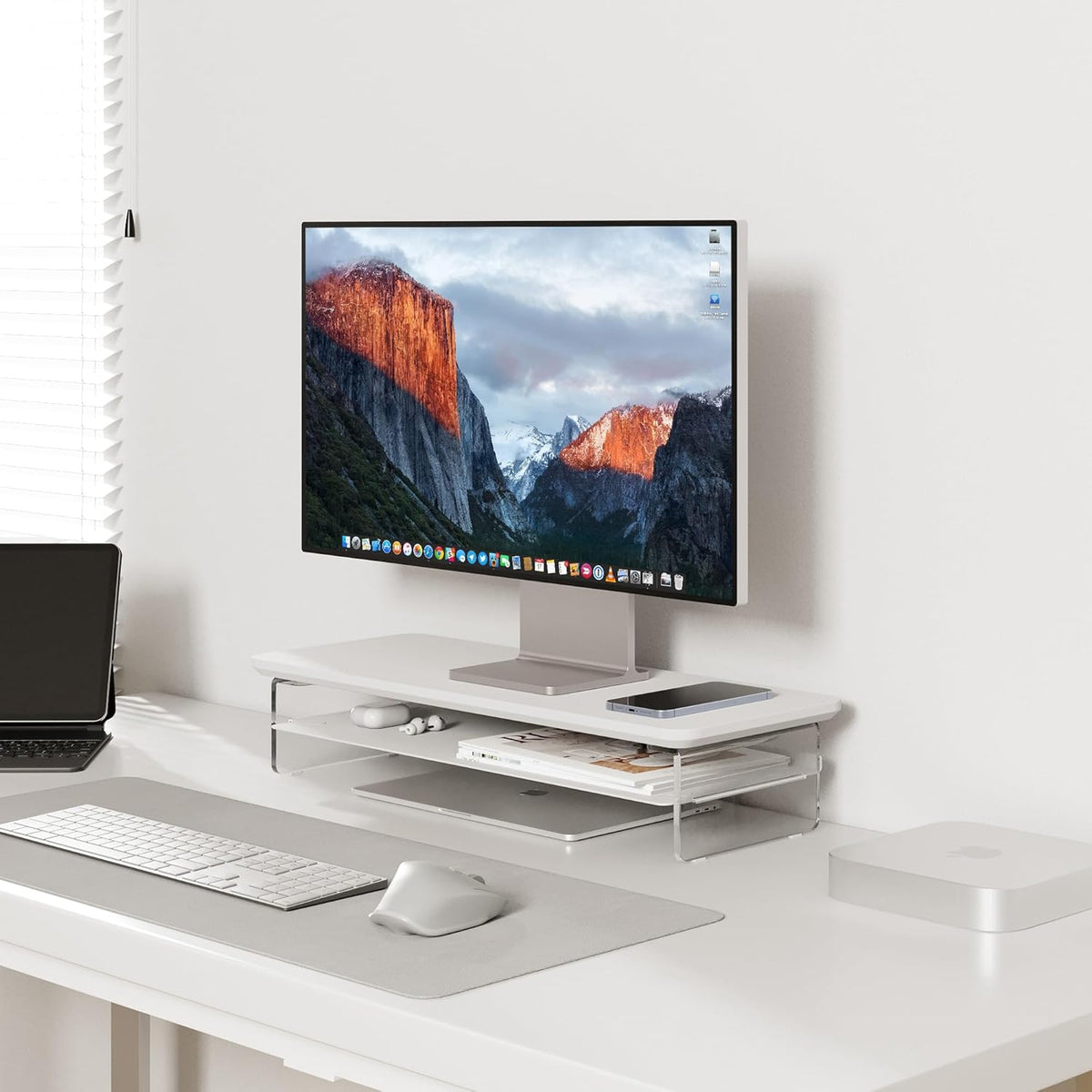 Fenge Acrylic Monitor Stand Riser, 23.6 Inches Monitor Stand with Metal Storage, 2 Tier Acrylic Computer Riser for Desk, Clear Laptop Stand for PC, Laptop, Printer, TV, White