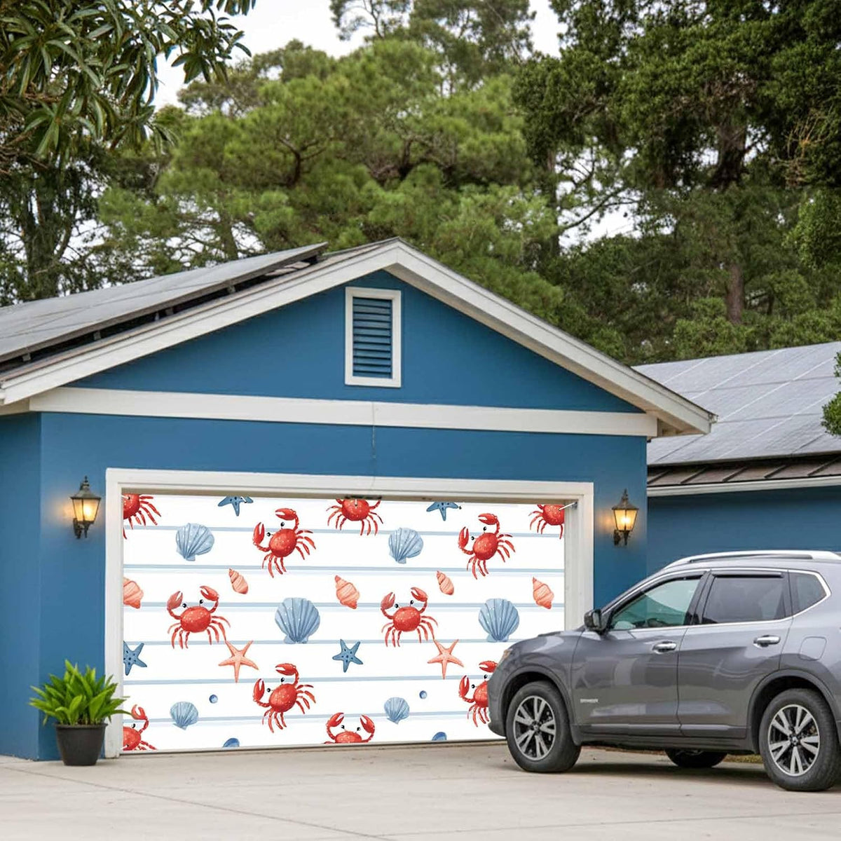 GNAKT AREWG 13x6ft Summer Garage Door Banner Cover Crab Starfish Shell Conch Garage Door Decoratons Banner for Indoor