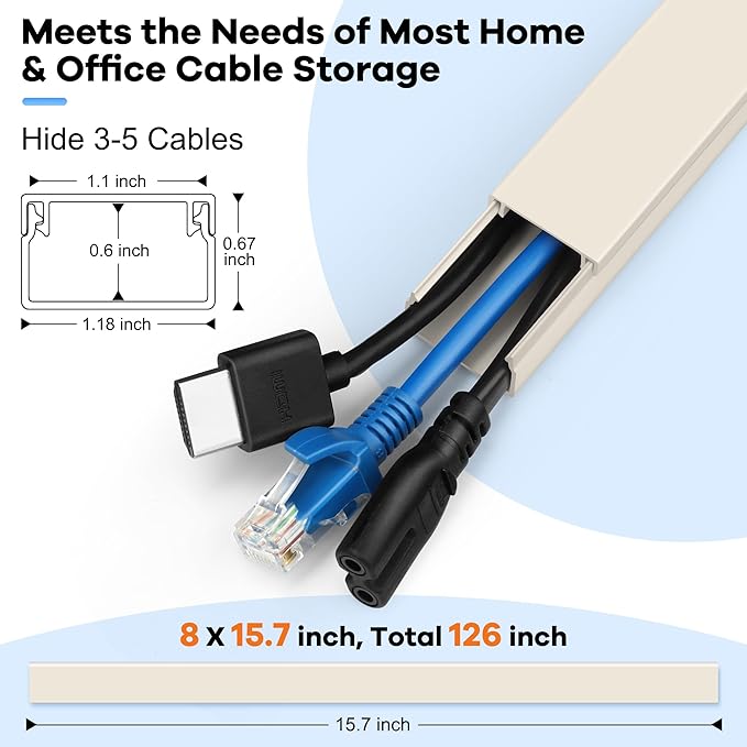 126in Cord Hider Kit, ZhiYo Wire Hiders for TV on Wall, Paintable Cable Management Kit, Wire Cover for Wall Mount TV, Beige Cable Raceway, Cord Cover Wall Wire Management Kit, 8xL15.7in W1.18inH0.67in