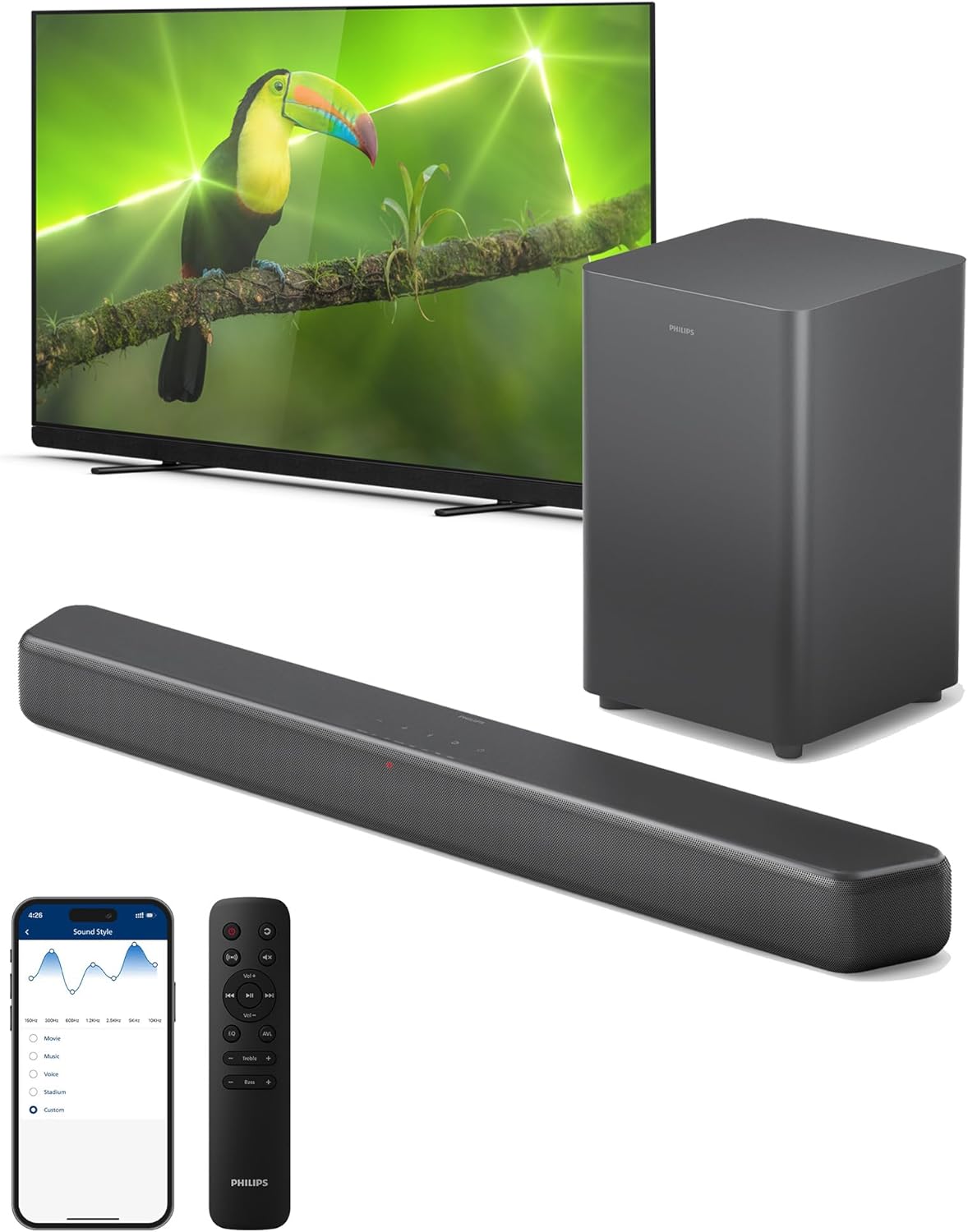 PHILIPS B5309 Soundbar 2.1 with Wireless Subwoofer and Immersive DTS Virtual:X Audio Technology - 240W Max Power, Deep Bass, Bluetooth 5.4, Four EQ Modes, HDMI ARC and USB connectivity - Dark Grey
