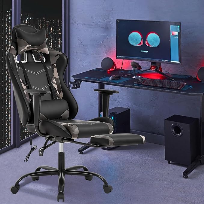 Massage Gaming Chair - Ergonomic PC Racing Office Chair with Lumbar Support Headrest Armrest Footrest - Black Heavy Duty PU Leather Recliner for Adults Gamer (Camo)