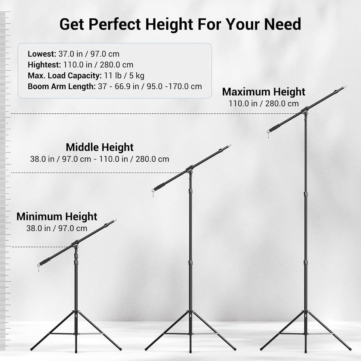 SmallRig Aluminum Light Stand 110"/9.2ft/280cm, Adjustable Photography Air-Cushioned Tripod Stand with 1/4" Screw for Softbox, Studio Light, Flash, Umbrella, Ring Light, Max Load 5kg, RA-S280A