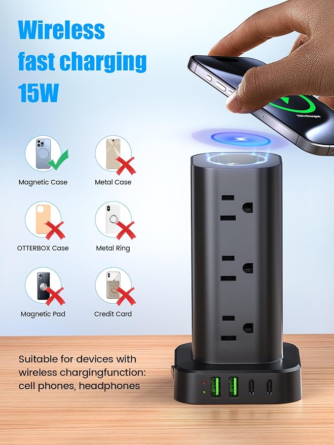 Tower Power Strip with 15W Wireless Charger, 10FT Flat Plug Extension Cord with Multiple Outlets, 12 AC Outlets, 4 USB Ports (2 USB C) Charging Station Surge Protector for Office Home Dorm Room(Black)