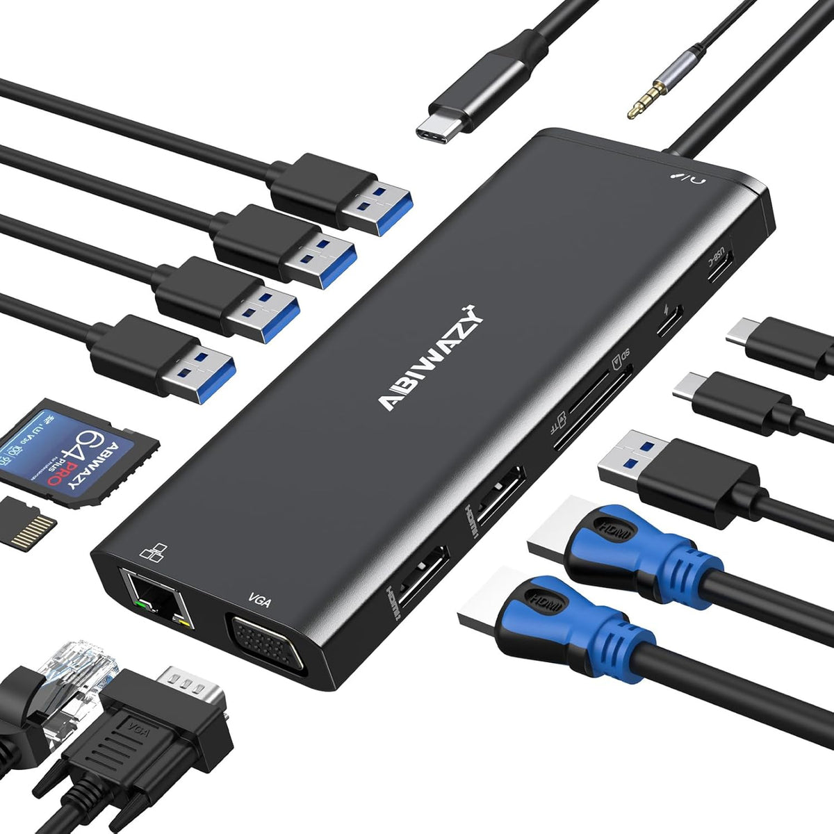 USB C Docking Station Dual Monitor for Dell/HP/Lenovo/Surface Laptop, 14 in 1 Triple Display Hub Multiple Adapter, Dongle with 2 HDMI 4K VGA 5 Port 100W PD Charger Ethernet SD/TF Audio(Black)