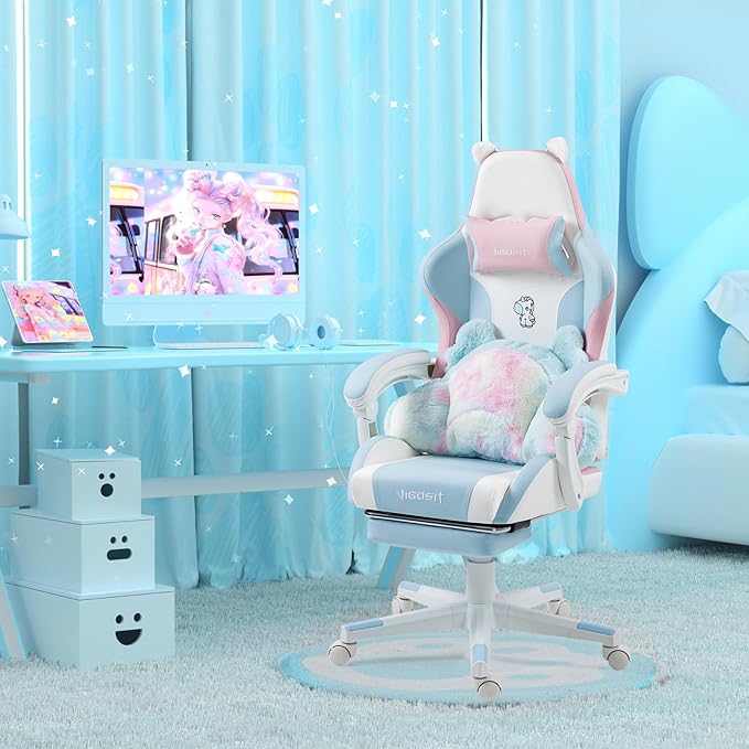 Cute Cat Ears Gaming Chair Girly Ergonomic Computer Chair with High Back 360° Swivel Office Computer Chair with Footrest and Paw Lumbar Cushion for Teens Girls Women (Pink Blue)