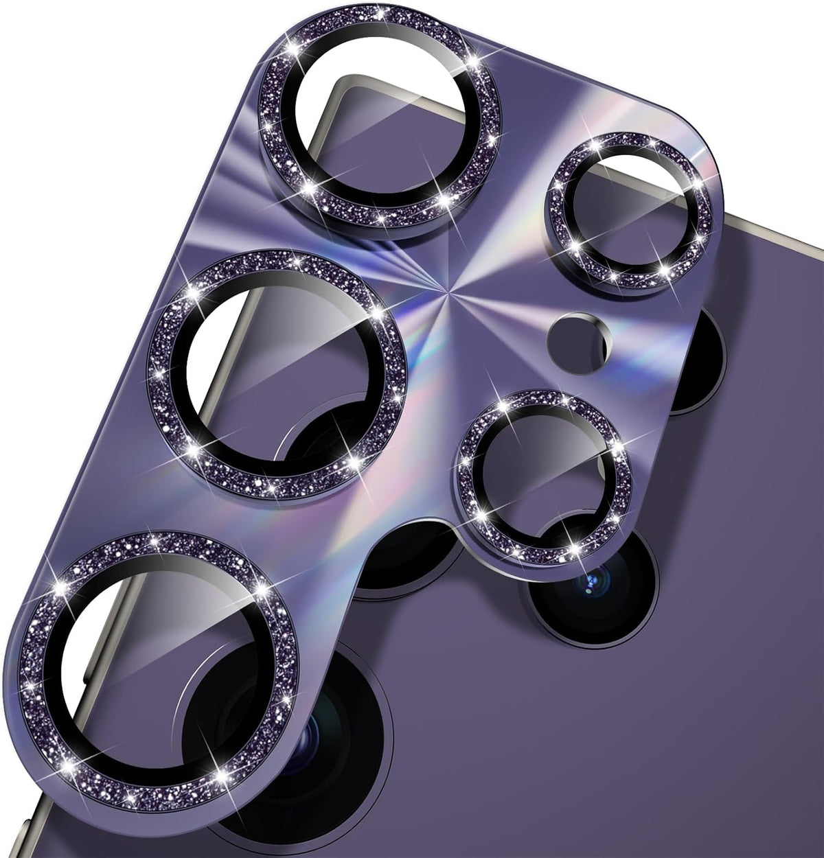 YWXTW Camera Lens Protector for Samsung Galaxy S24 Ultra, [Lithography Laser Gradient] [5X Strengthen] Bling Glitter Tempered Glass Screen Protector Metal Ring Camera Lens Cover (Titanium Violet)