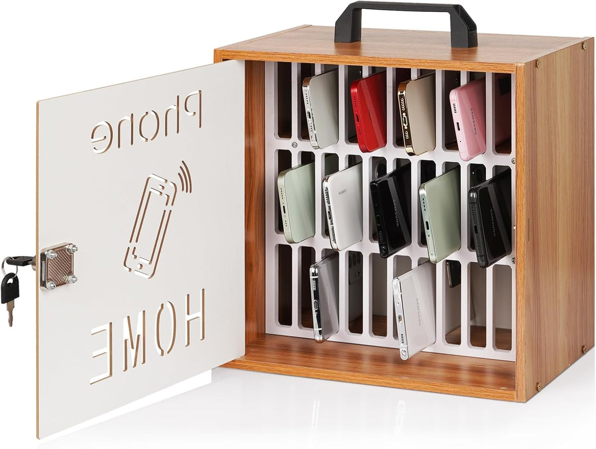Cell Phone Holder Classroom 33 Slots Wooden Cell Phone Storage Cabinet Pocket Chart with Handle and Security Lock for Classroom Office (33 Grid Cabinet Cherry)