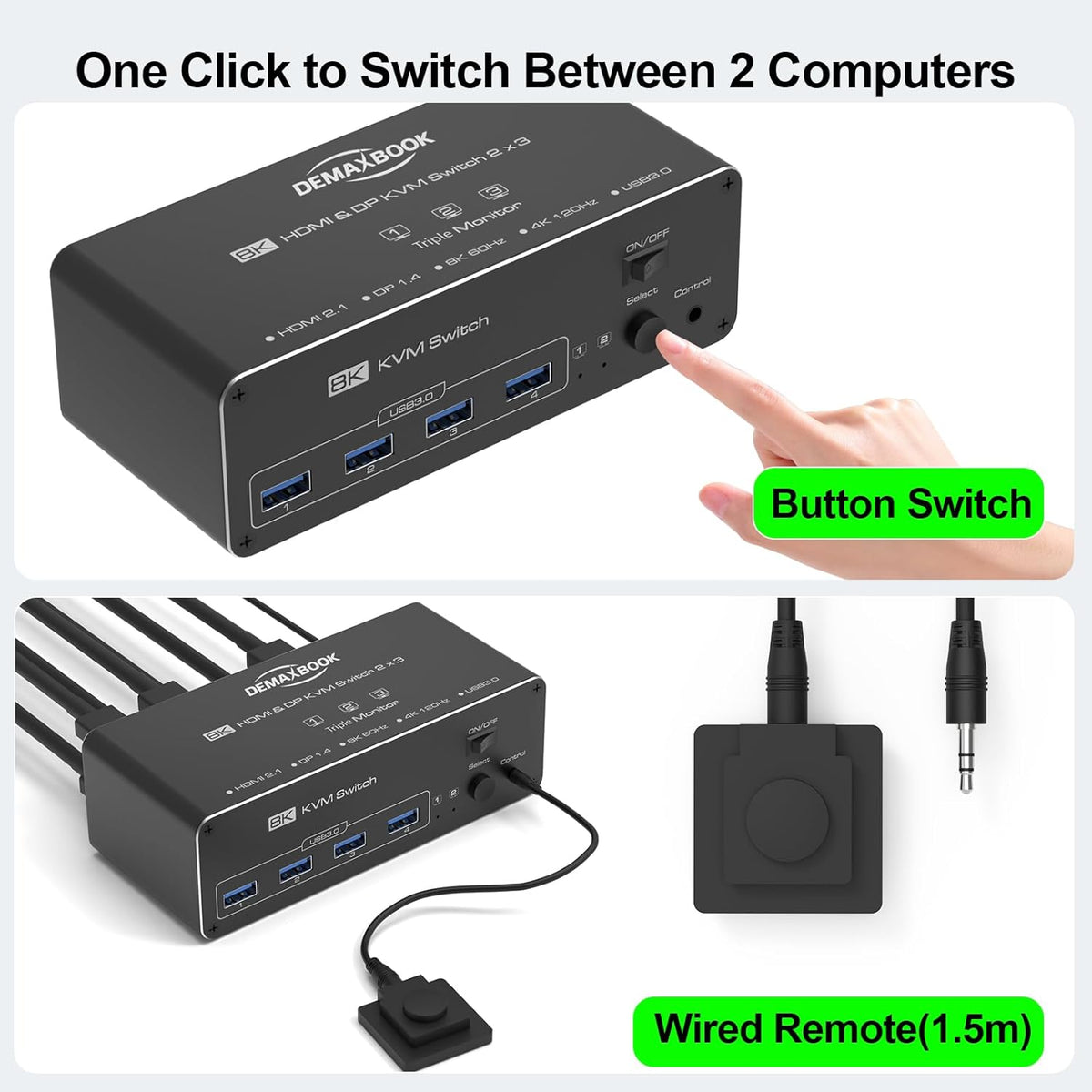 DEMEXBOOK HDMI DisplayPort KVM Switch 3 Monitors 2 Computers 8K@60Hz, 4K@144Hz,Triple Monitor KVM Switches with 4 USB 3.0 Ports, Wired Remote, USB3.0 Cables，Power Adapter Included