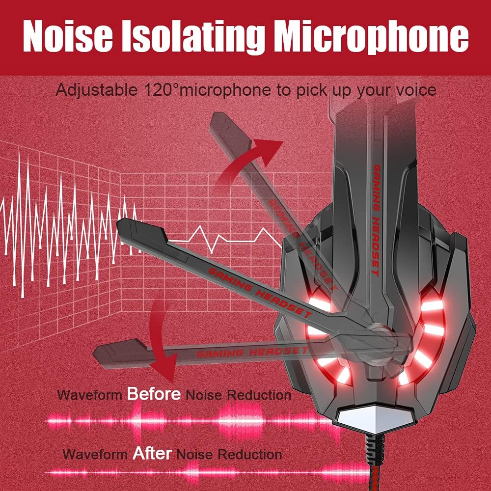 BENGOO Stereo Pro Gaming Headset for PS4, PC, Xbox One Controller, Noise Cancelling Over Ear Headphones with Mic, LED Light, Bass Surround, Soft Memory Earmuffs for Laptop Mac Wii Accessory Kits
