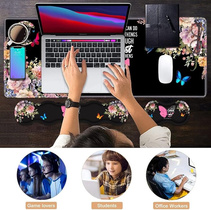 Ergonomic Keyboard Wrist Rest &amp Mouse Pad Wrist Rest Set 31.5x 11.8 Large XXL Gaming Desk Pad Memory Foam Non-Slip Desk Mat for Office &amp Home Floral Butterfly Quote Bible Verse Philippians