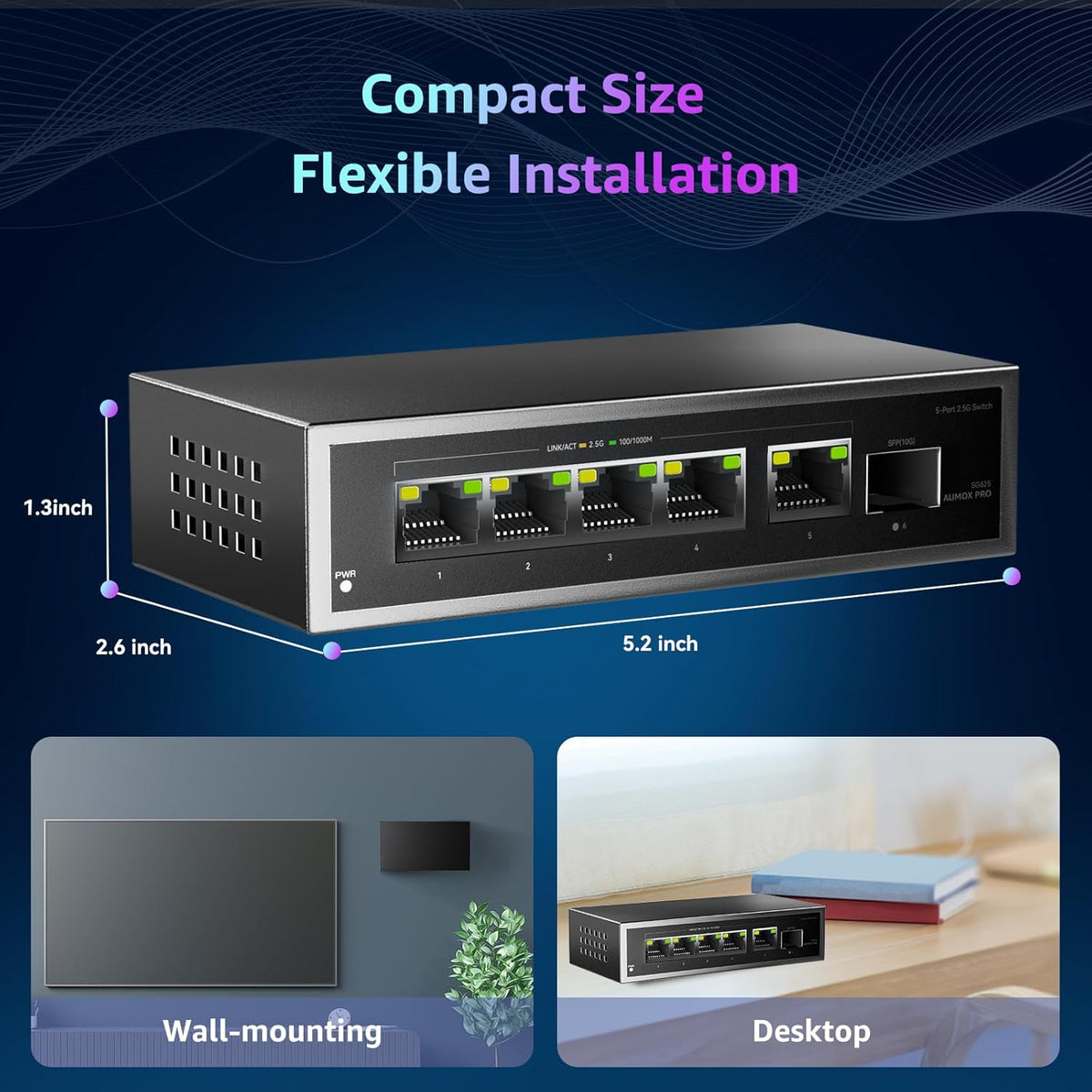 6 Port 2.5Gb Unmanaged Ethernet Switch with 5* 2.5G Base-T Ports, 1*10G SFP Ports, AUMOX PRO 60Gbps Switching Capacity Compatible with 100/1000/2500Mbps Plug and Play