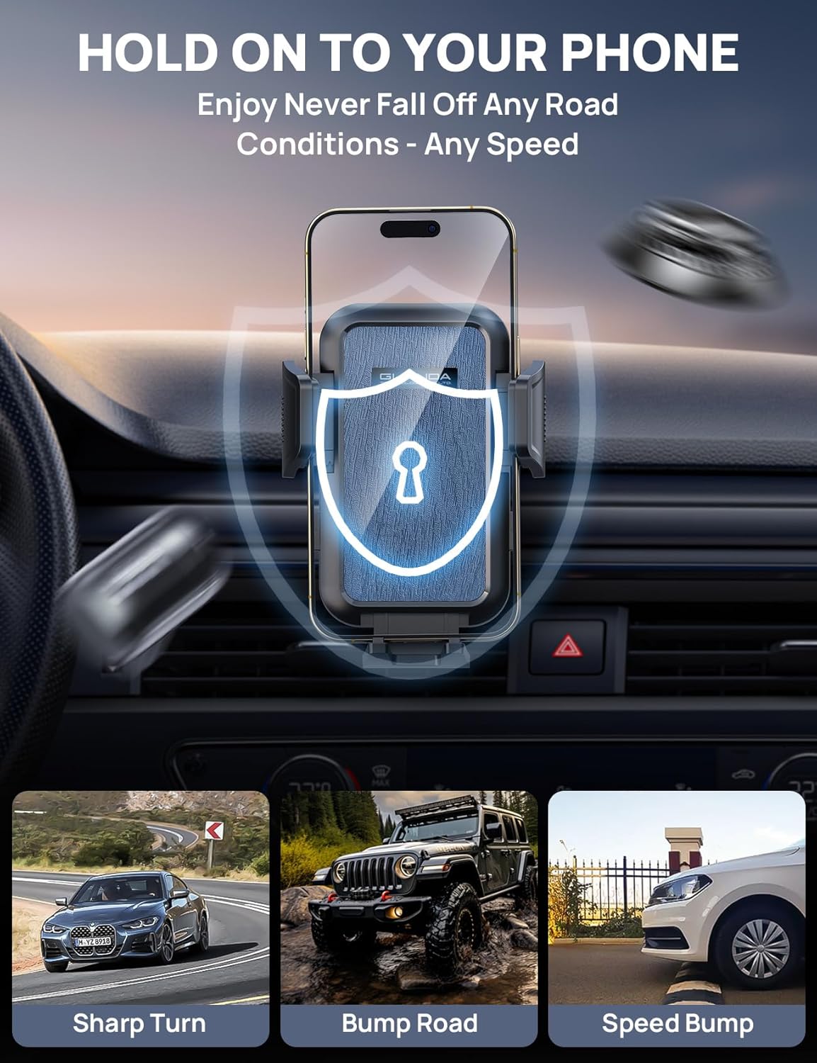 [2025 New] Dashboard Phone Holders for Your Car [Military Grade Stable] Phone Holders for Your Car, Non-Slip Silicone Carbon Fiber Car Phone Mount, Rotatable Suction Cup for All Phone, Blue