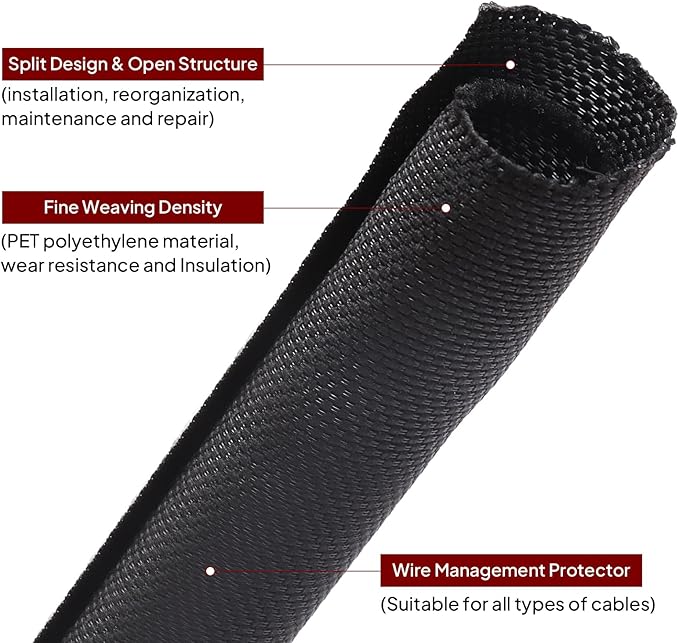 BuyUneed Black Split Braided Cable Management Sleeves 1/2inch -30Feet