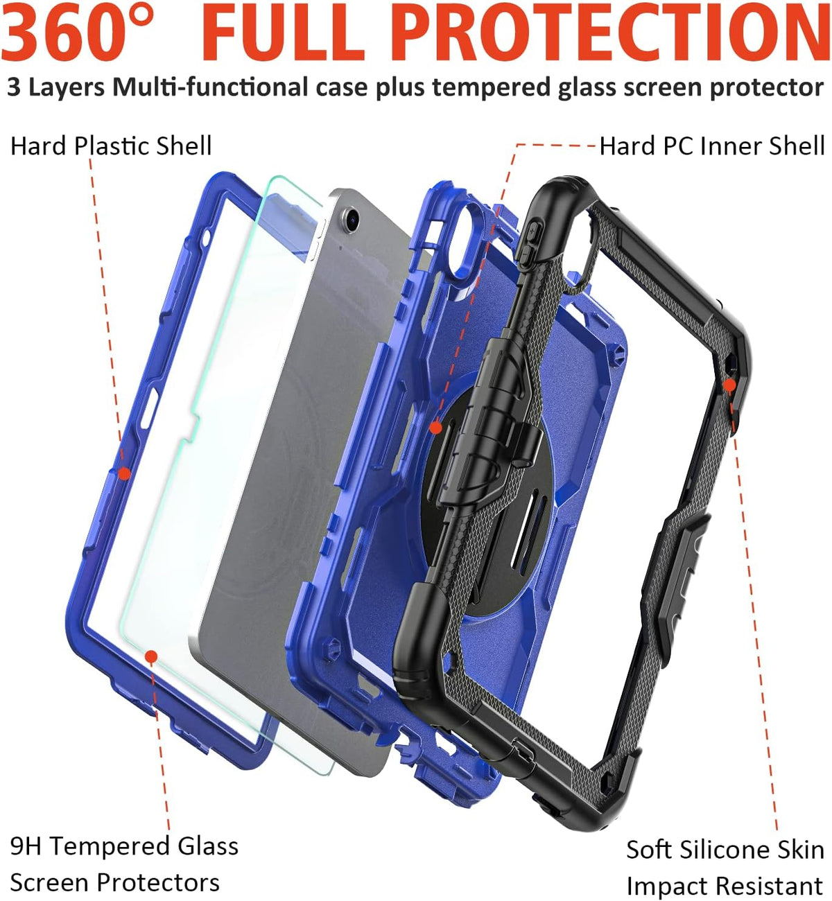 Ambison Case for iPad A16 11th/10th Generation 11"/10.9'' 2025/2022,Heavy Duty Shockproof Case with Tempered Glass Screen Protector, 360° Rotating Handle Strap&Stand,Shoulder Strap-Blue