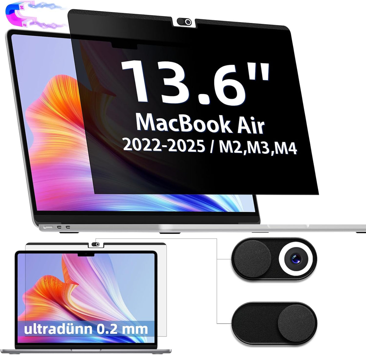 Magnetic MacBook Air 13.6/13 Inch Privacy Screen, Compatible with MacBook Air 13.6 Inch (2022-2025 Model,M2,M3,M4), Removable Matte Anti Glare Blue Light 13In Mac Laptop Screen Protector Filter IPROKKO