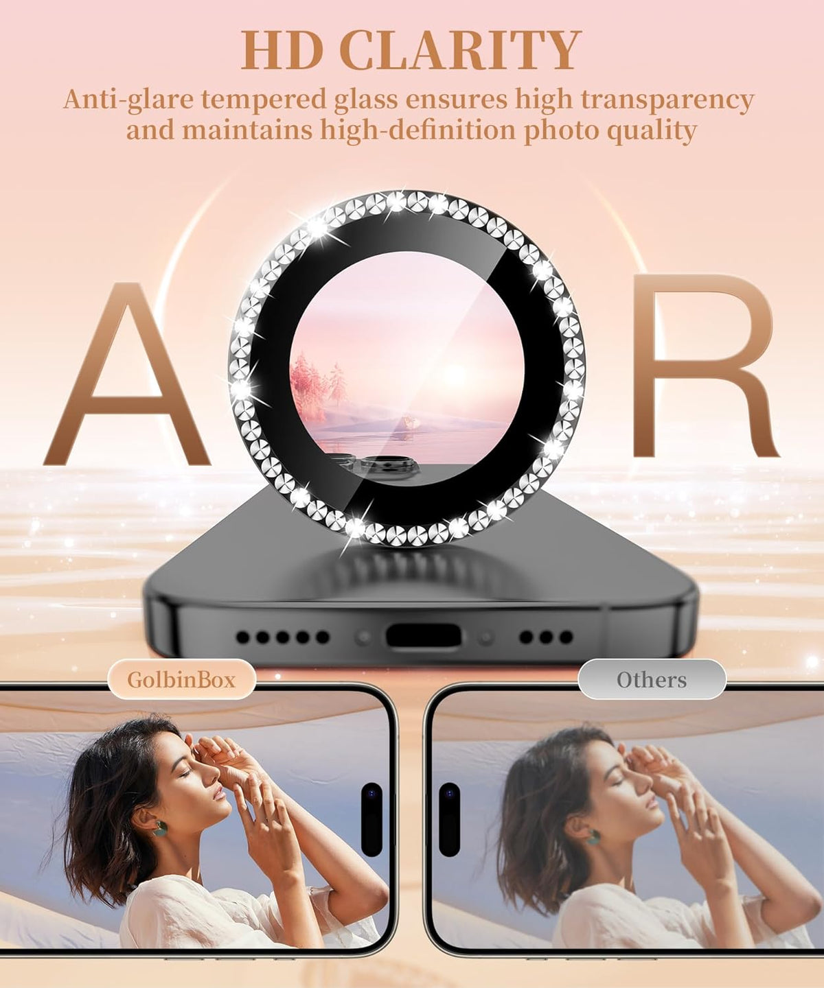 GolbinBox Camera Lens Protector for iPhone 16 Pro Max/16 Pro, 1:1 Invisible Fit, 9H Tempered Glass Ultra HD Metal Individual Camera Cover Screen Protectors for Women, Case Friendly, Bling/Black