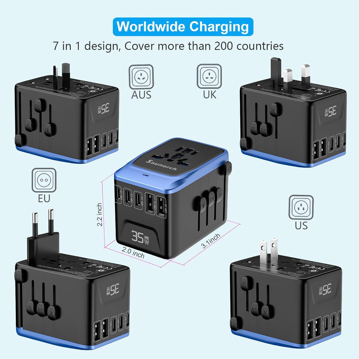 Universal Travel Adapter, PD 35W 7 in 1 International Power Plug Adapter with 7.0A 4 USB-C and 2 USB-A Fast Wall Charger, Worldwide AC Outlet for US Europe UK AUS (Black+Blue)