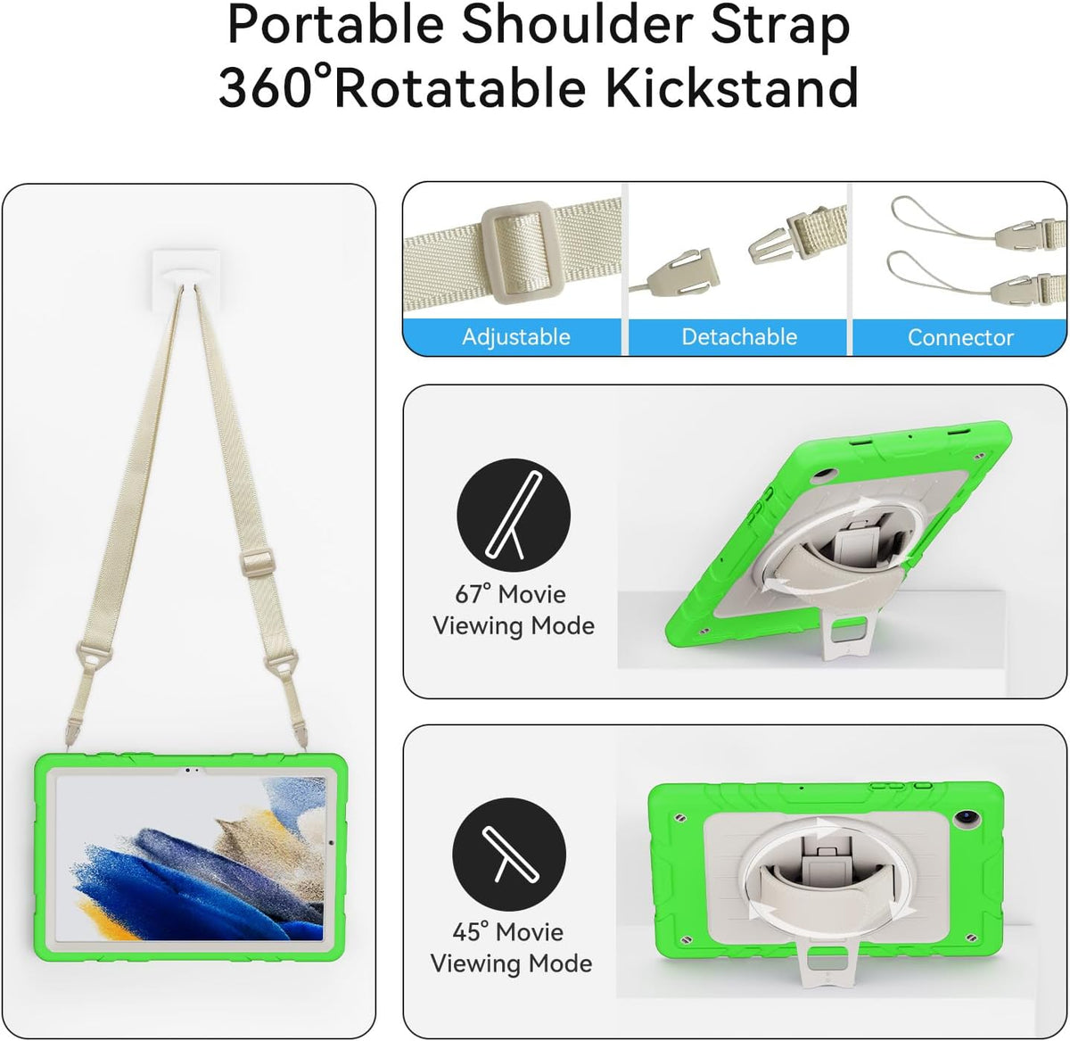 for Samsung Galaxy Tablet A8 Case 10.5 inch 2022 SM-X200/X205/X207 with Screen Protector [360 Rotating Stand] &Hand Shoulder Strap Shockproof Rugged Protective Cover|Green&Beige