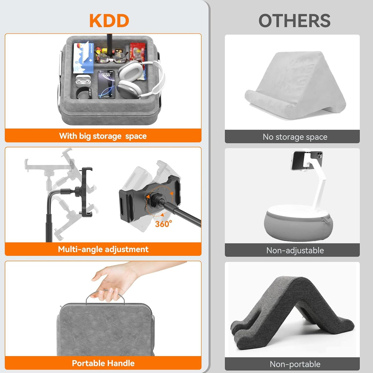 KDD Tablet Pillow Holder - 360°Adjustable iPad Pillow Stand for Lap, Bed and Desk - Gooseneck Tablet Soft Pad Dock with Storage Tray and Pocket Compatible with iPad Pro 12.9, Air Mini, Phone, E-Reader