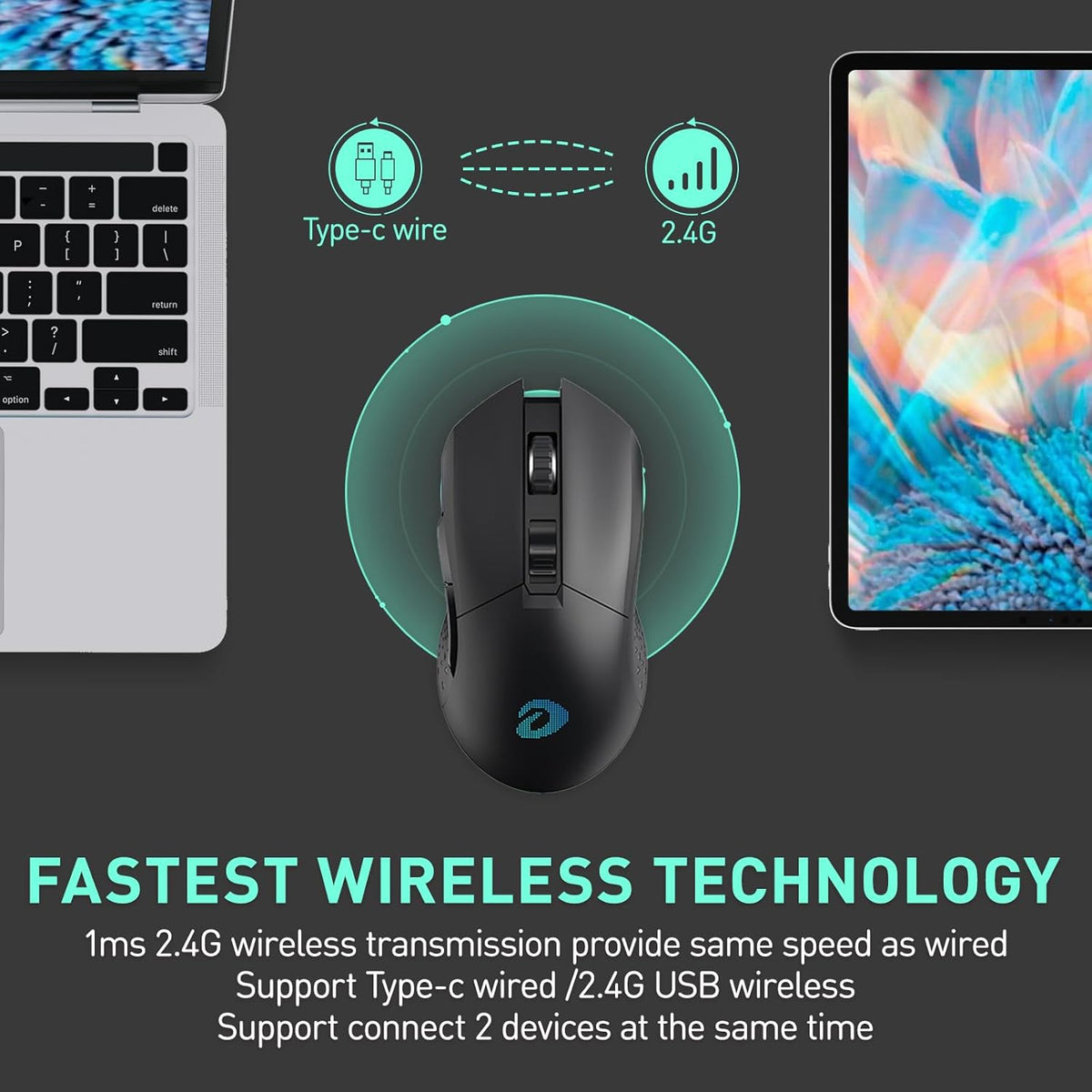 DAREU EM901X Wireless Gaming Mouse with Charging Dock Rechargeable RGB,12K DPI,7 Programmable Buttons High-Precision Sensor [300IPS] [1000Hz] for PC Notebook Mac
