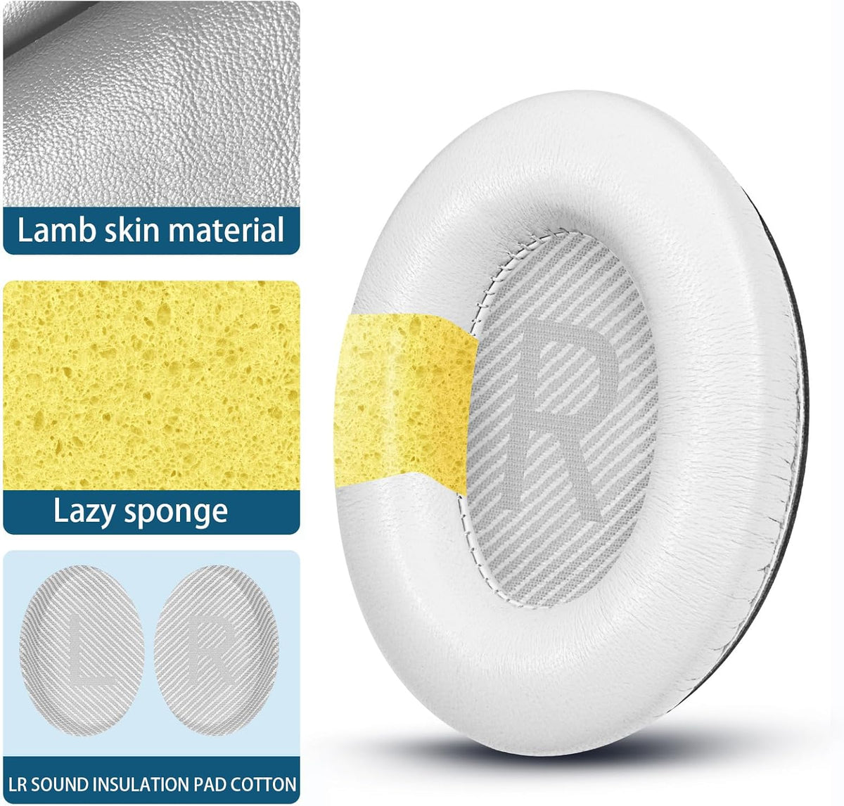 Headphones Replacement Ear Pads, Sheepskin Ear Cushions for Bose QuietComfort 35 (QC35) Improved Durability, Ear Pads Cushions with High-Density Foam, Thickness and Sound Isolation - White
