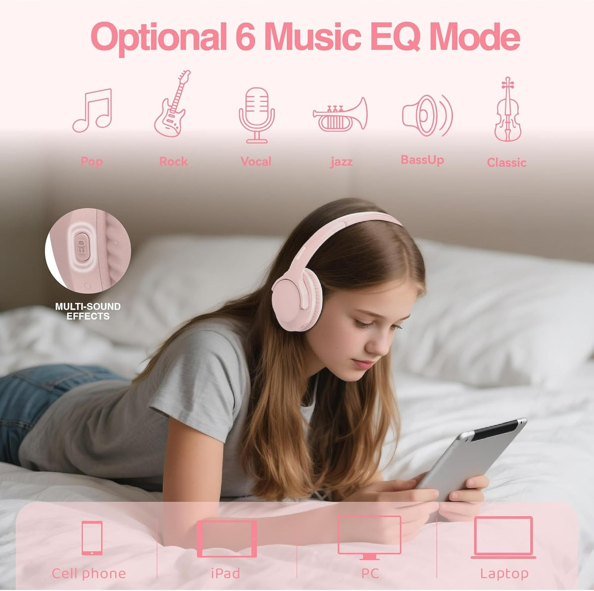 MIDOLA Bluetooth Headphones Over Ear 68H Playtime 6 EQ Wireless Headset with Microphone HiFi Stereo Foldable Lightweight Deep Bass for Travel Home Office Cellphone Pink