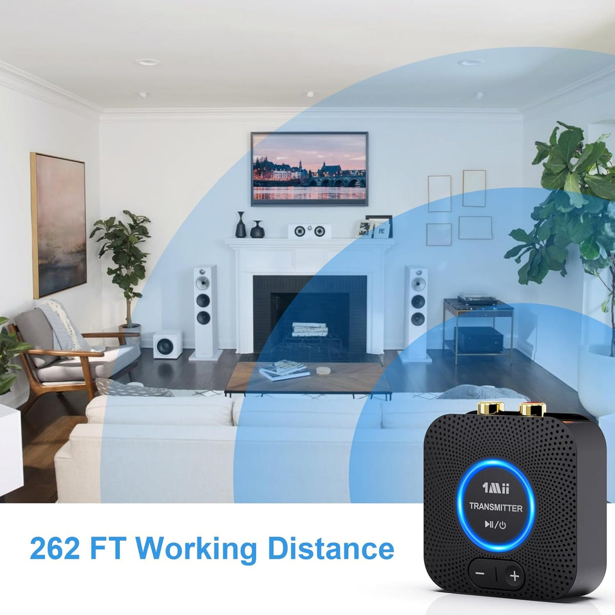 1Mii 2.4GHz Wireless Audio Transmitter Receiver Set for TV, 260Ft/80M Long Range 25ms Low Latency with AUX RCA in/Out,Wireless Audio Adapter for TV PC Powered Speaker Amplifier Soundbar