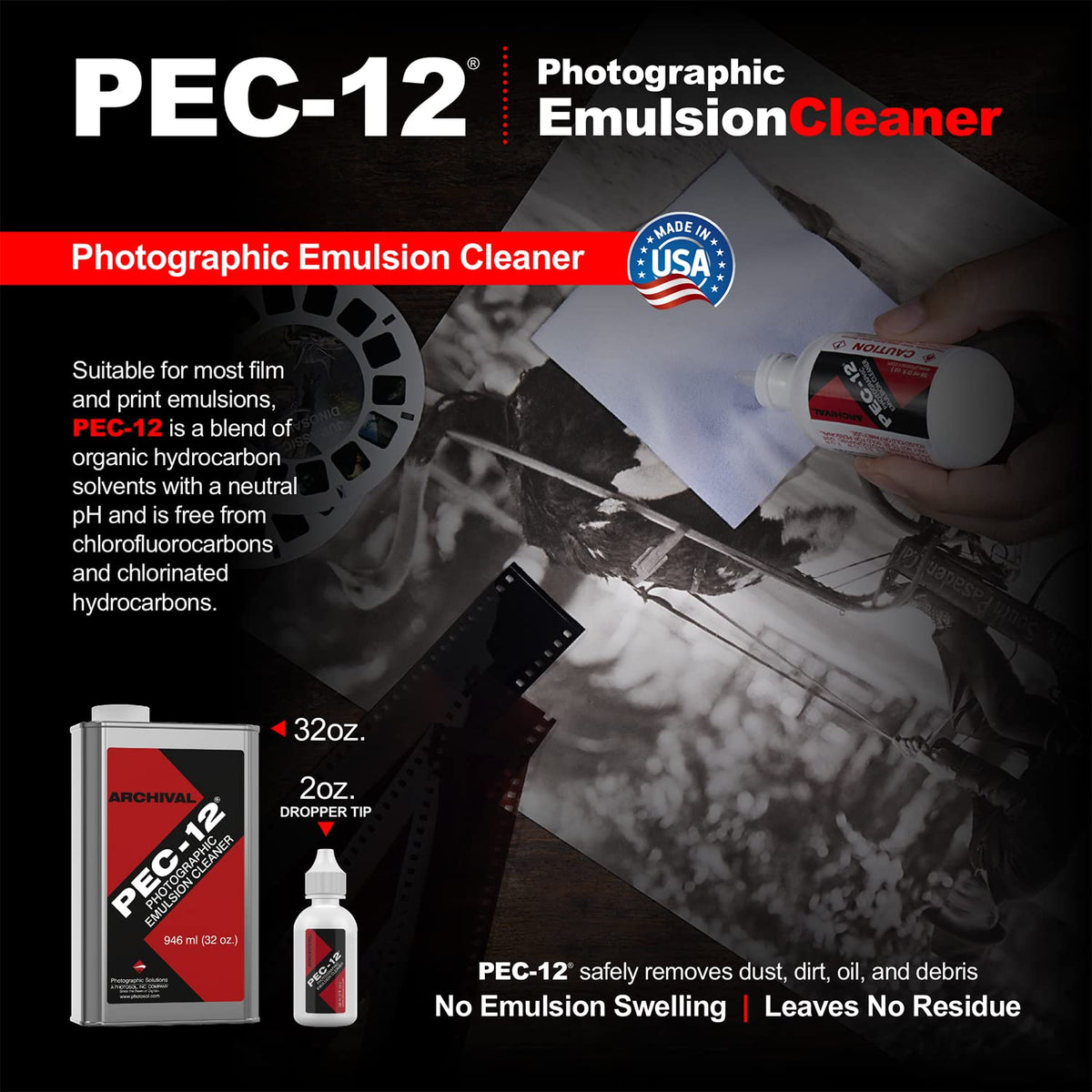 PEC-12 Photographic Emulsion Cleaner - Remove Non-Water Based Stains, Grease & Ink from Emulsions and Bases - for Cleaning 35mm Film, Photo Negative