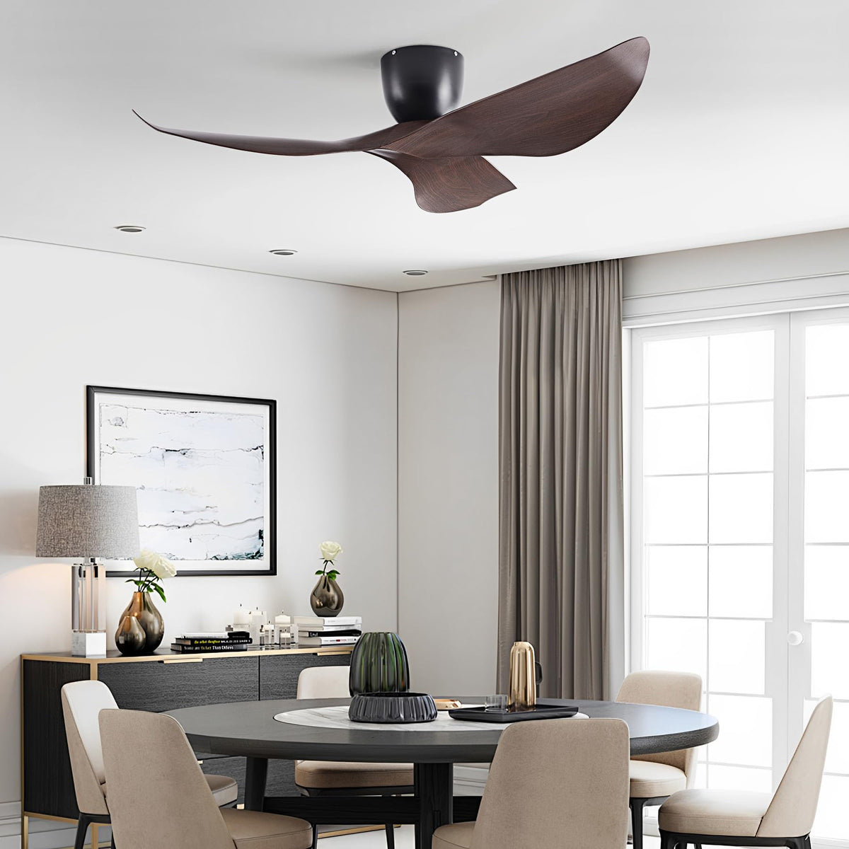 BUENION 52-Inch Ceiling Fan NO Light Included, Modern Low-Profile Flush Mount Fan with Remote, 6-Speed Reversible Quiet DC Motor