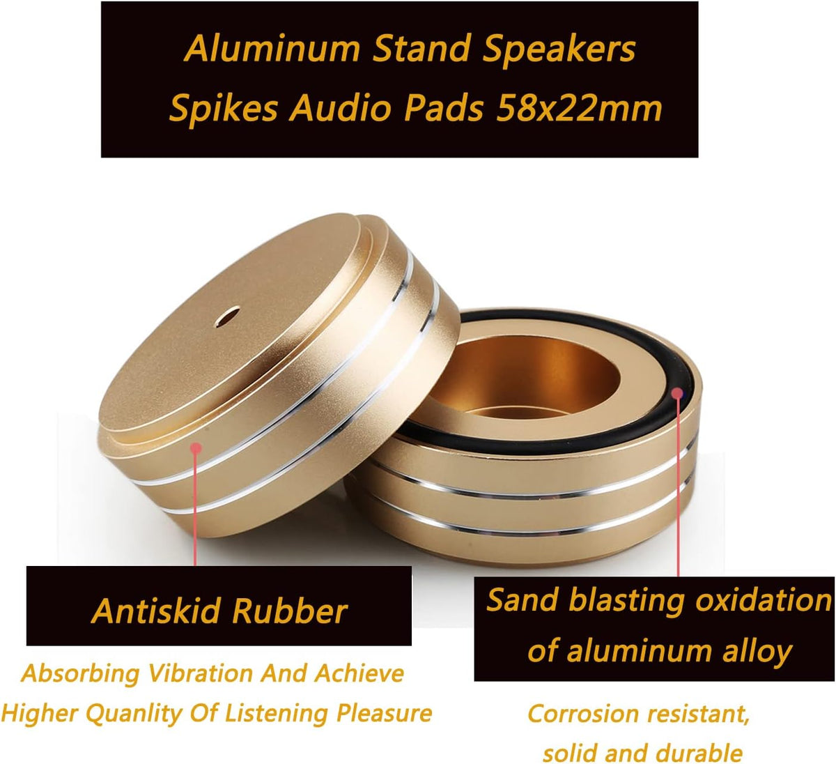 Tertullus 4 Pcs Speaker Feet Aluminum HiFi Turntable Feet Isolation Feet Aluminum Stand Speakers Spikes Audio Pads 58x22mm for HiFi Amplifier/Speaker/Turntable/Player(Gold)