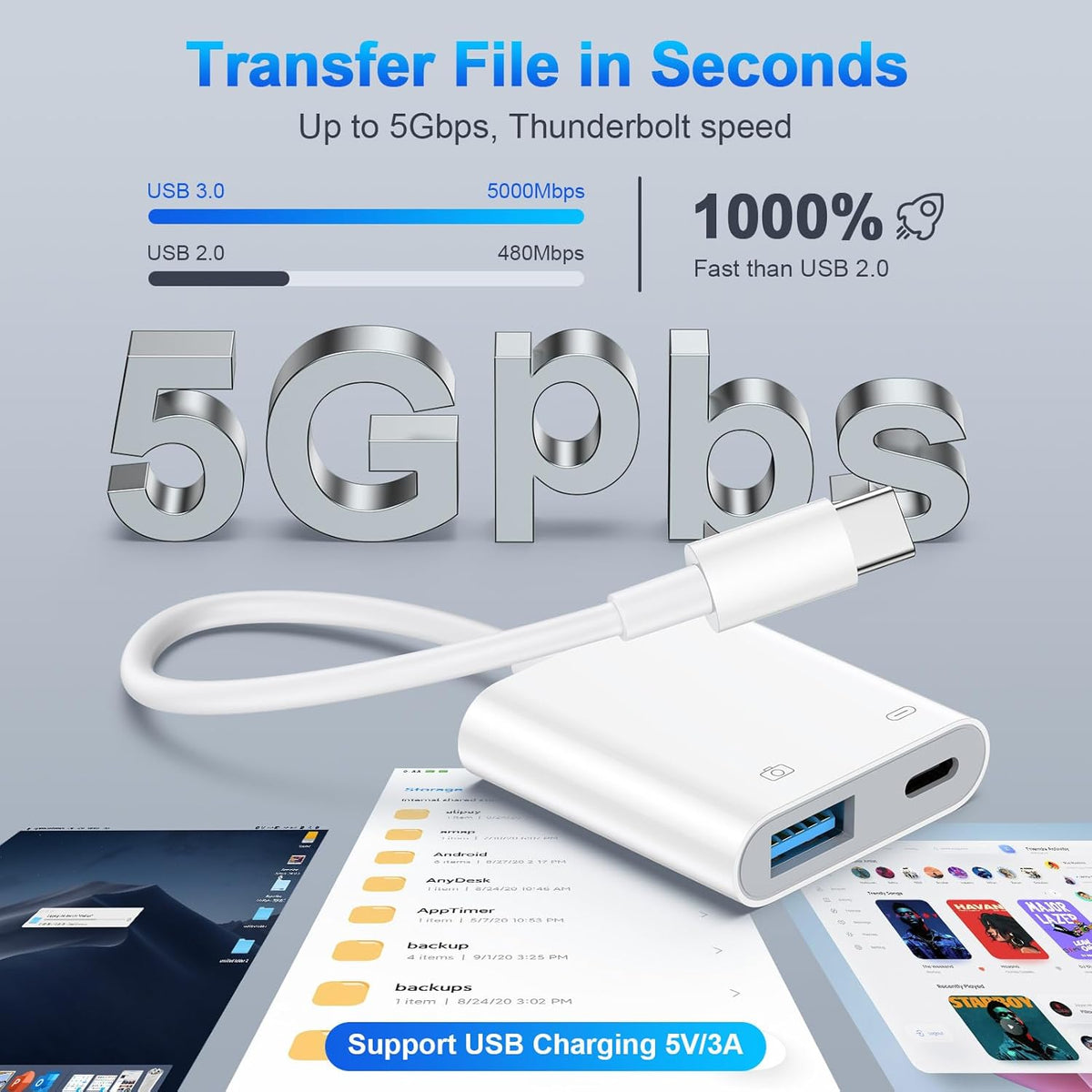 USB C to OTG Cable Charger Adapter for iPhone 16 Pro Max/16e/15/15 Pro Max 2-in-1 Type C to USB Camera Adapter with PD 60W Fast Charging for Samsung Galaxy S25 Edge/S24/S23/S22/S21/A16 5G/A26/A36/A56