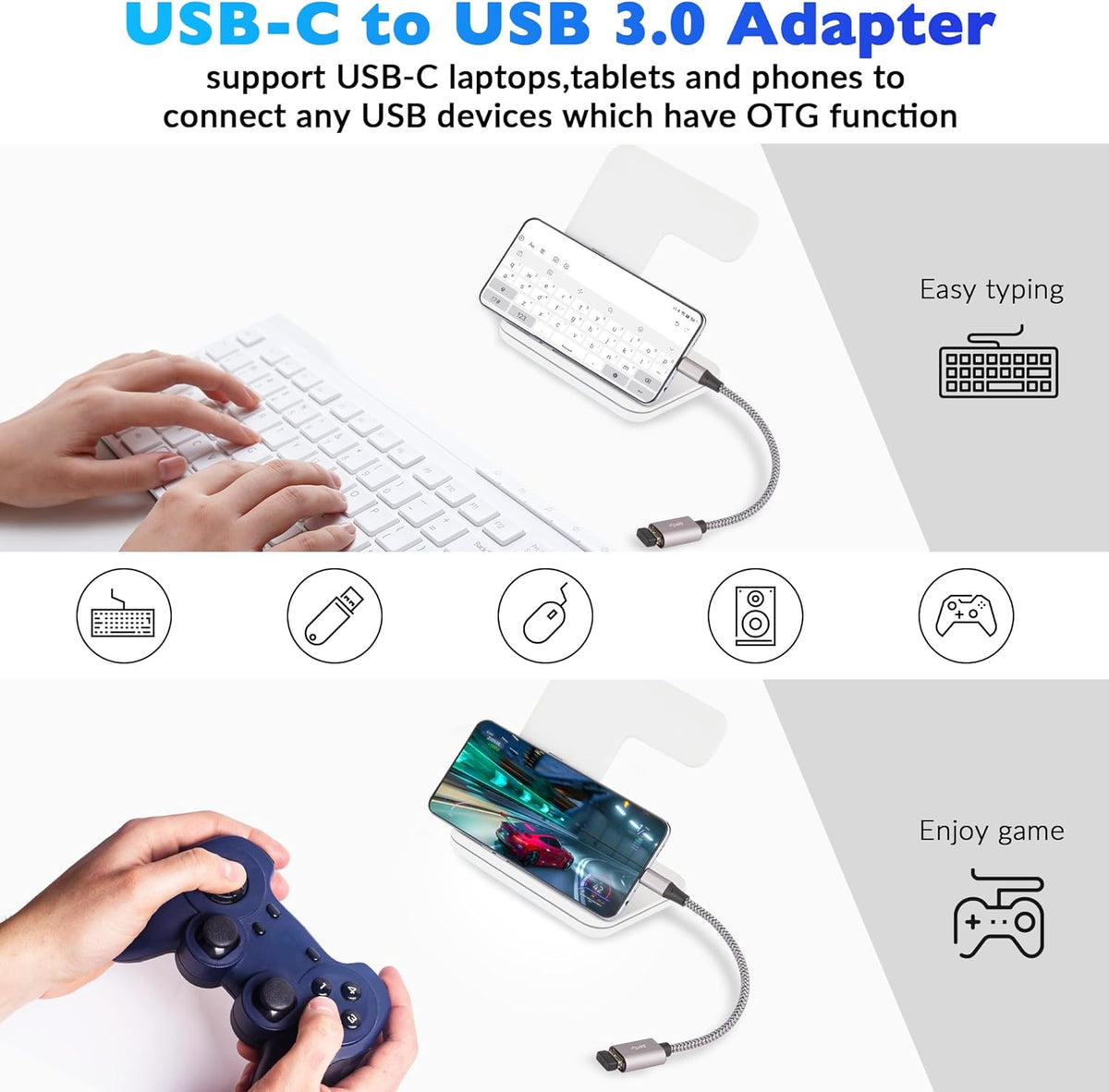 USB-C to USB 3.0 Adapter 4 Pack, Nylon Braided Type-C 3.1 OTG Cable USB C Male to USB A 3.0 Female Connector for iPhone15,iPhone15 ProMax,Samsung S23 Ultra, MacBook Pro, MacBook Air/Mini, Google Pixel