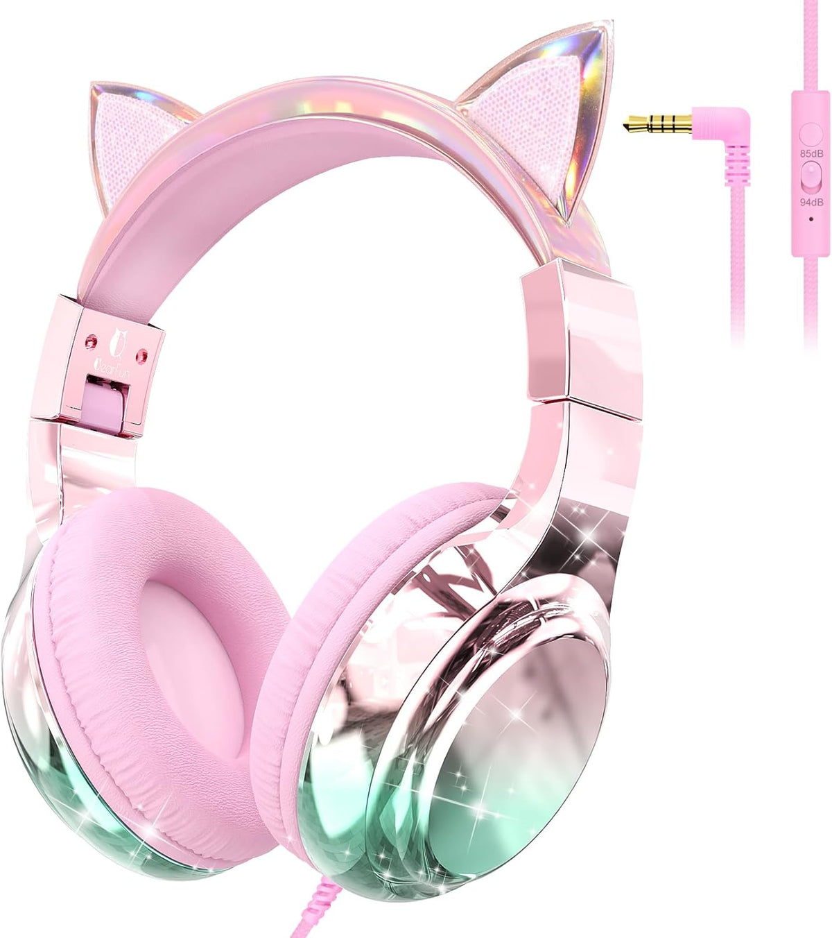 85/94dB Headset, QearFun Kids Cat Ear Headphones Wired with Mic, Safe Volume Limit, Sparkly Wired Foldable, Sharing