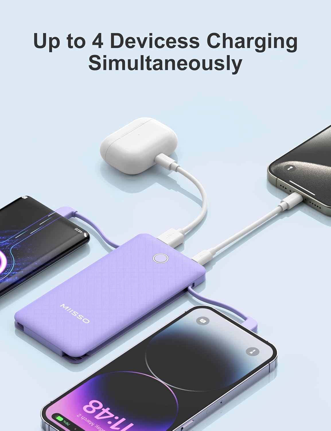10000mAh Slim Portable Charger with Built in Cable, Power Bank Travel Charger External Battery Pack for Phone, 4 Output USB Type C Cord Clutch Charger Compatible with iPhone, 2 Pack White & Purple