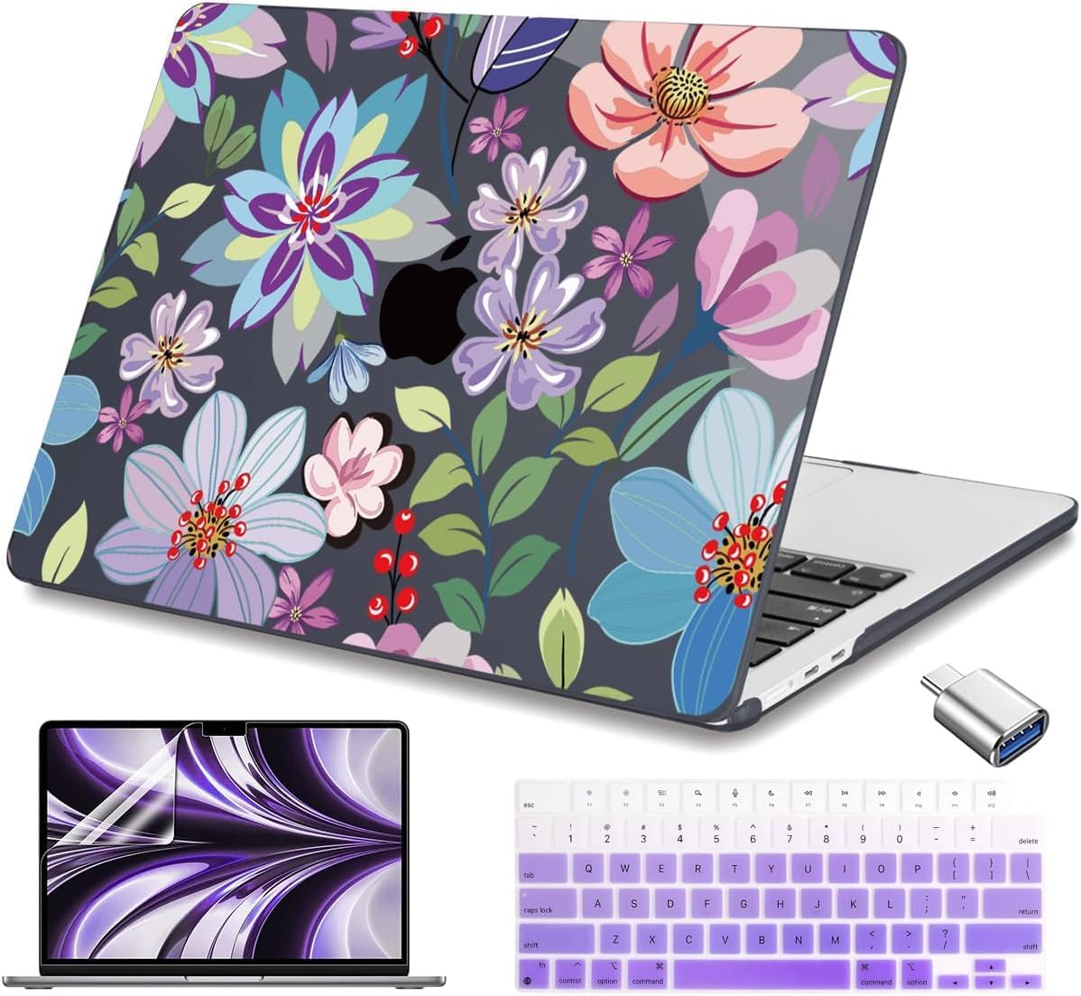 Teryeefi for MacBook Air Case 15 inch M4 M3 M2 Chip (2025 2024 2023 Release) A3241 A3114 A2941 Model with Keyboard Cover + Type C Adapter for MacBook Air 15, Pretty Flowers Black-104