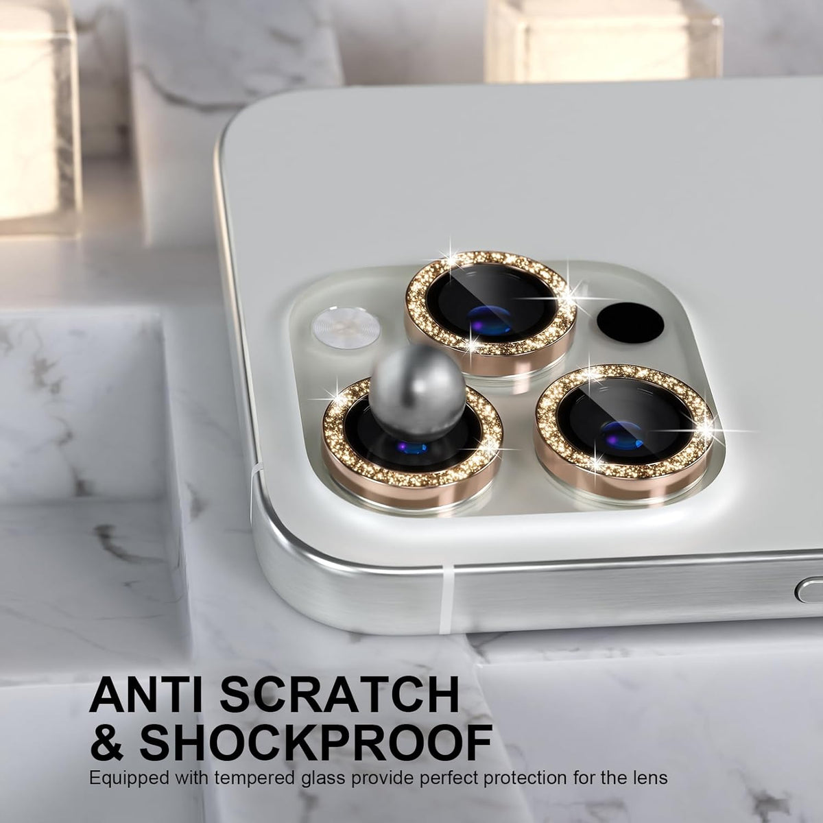 Choiche Compatible for iPhone 16 Pro/iPhone 16 Pro Max Camera Lens Protector Bling, 9H Tempered Glass Camera Cover Screen Protector Metal Ring Decoration Accessories (Glitter-Gold)