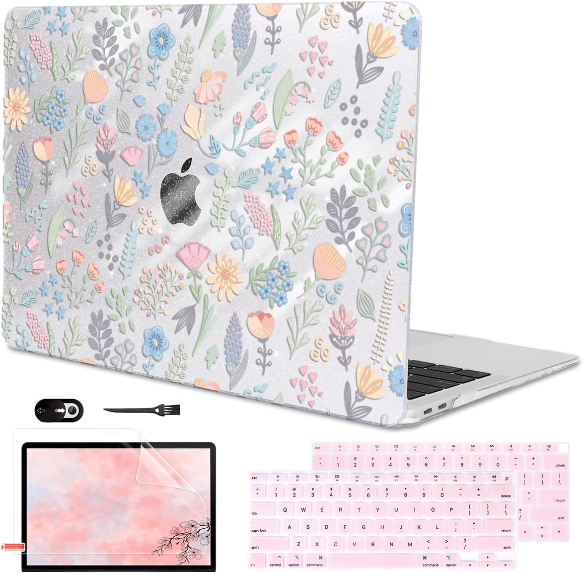 for MacBook Air 13 inch Case 2021 2020 2019 2018 Model M1 A2337 A2179 A1932 with Retina Display & Touch ID, Shiny Pattern Plastic Hard Shell Case Keyboard Skin Cover, Starry Sky Flowers
