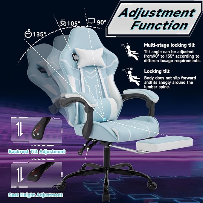 Blue 360° Swivel Gaming Chair Ergonomic Heavy Duty 330lbs Office Chair with Footrest and Massage Lumbar Support Height Adjustable High Back Reclining Gamer Chair with Headrest (Blue)